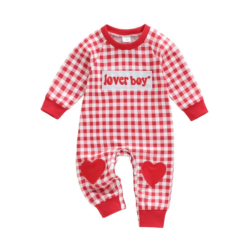 Mieeyali Baby Boy Valentines Day Outfit Lover Boy Baby Outfit Heart Romper Gingham Long Sleeve Jumpsuit Newborn Clothes (Red Lover Boy, 3-6 Months) - Image 1