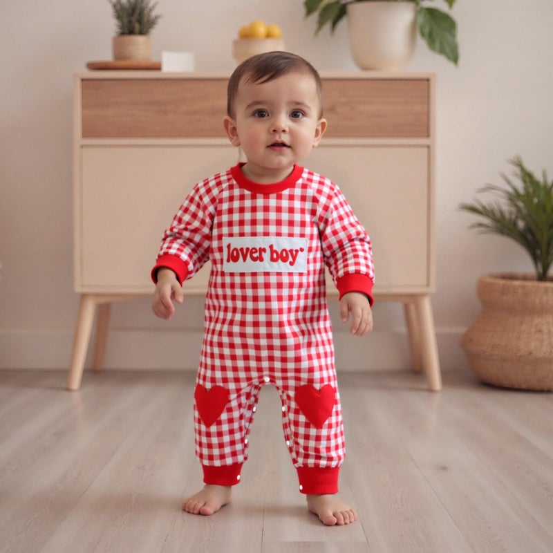 Mieeyali Baby Boy Valentines Day Outfit Lover Boy Baby Outfit Heart Romper Gingham Long Sleeve Jumpsuit Newborn Clothes (Red Lover Boy, 3-6 Months) - Image 2