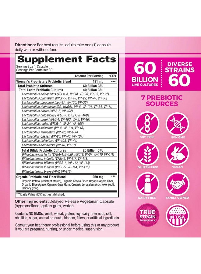 Vital Planet - Vital Flora Women’s Daily Probiotic 60 Billion CFU, 60 Diverse Strains, 7 Organic Prebiotics, Vaginal and Immune Support, Bloating, Digestive Health Probiotics for Women 30 Capsules - Image 2