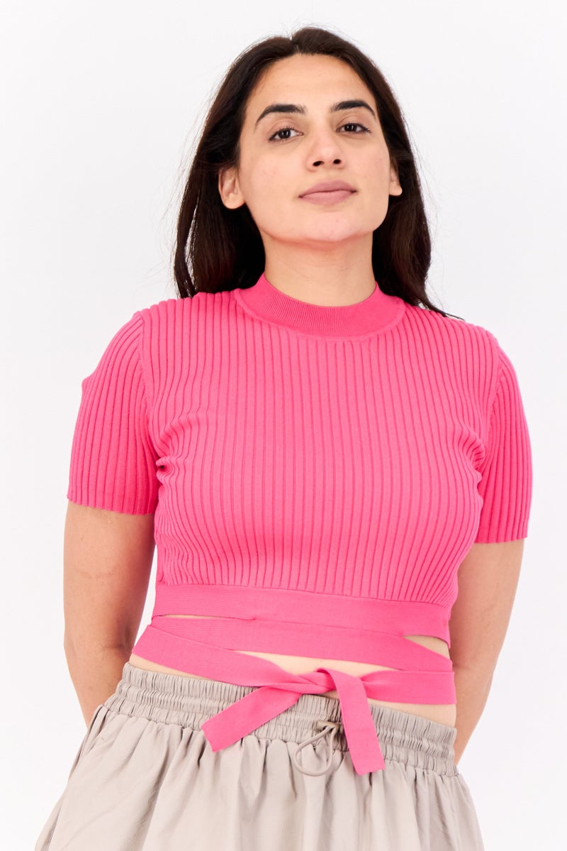 ESPRIT Women Mock Neck Short Sleeve Textured Top, Pink - Image 1