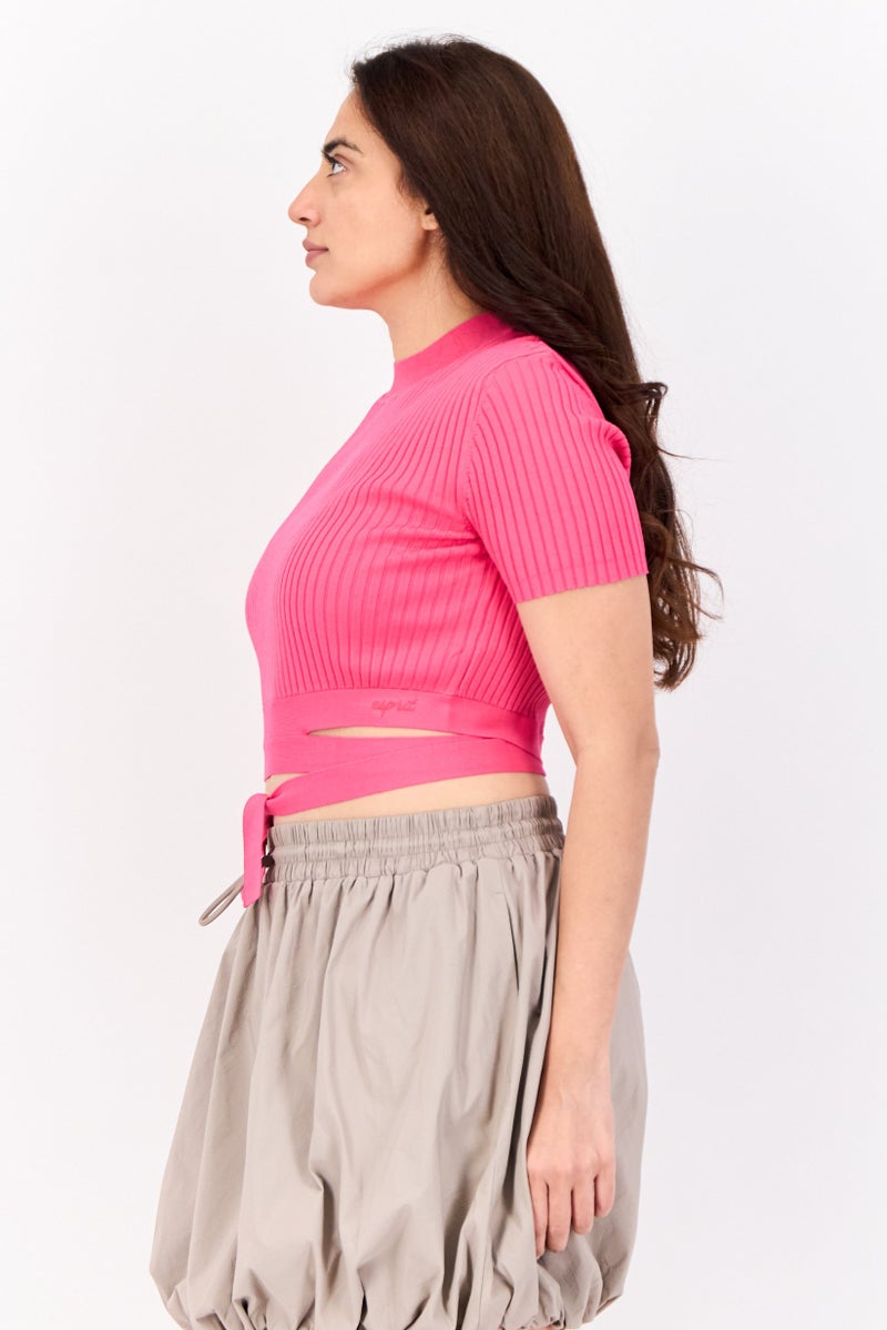 ESPRIT Women Mock Neck Short Sleeve Textured Top, Pink - Image 2