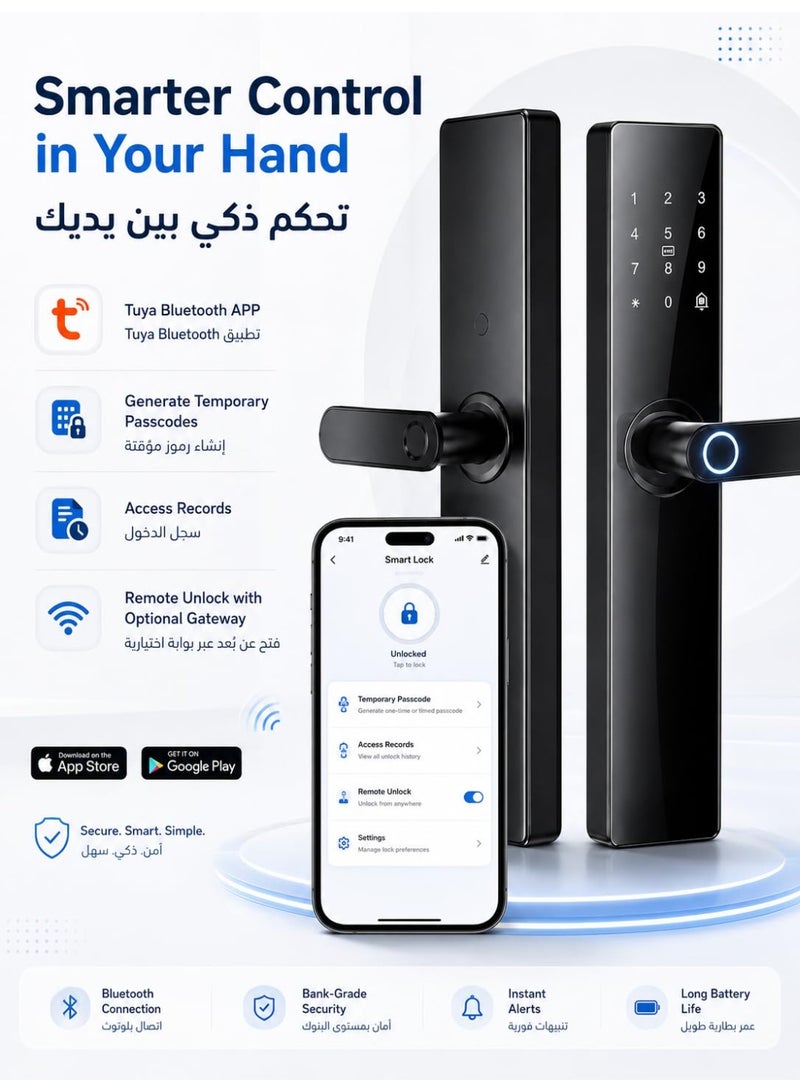 قفل باب ذكي بمفتاح 5050، 5 طرق فتح (تطبيق Tuya Wi-Fi، بصمة إصبع، رمز مرور، بطاقة، مفتاح)، سبائك ألومنيوم شديدة التحمل، أسود - Image 3