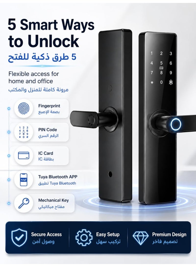 قفل باب ذكي بمفتاح 5050، 5 طرق فتح (تطبيق Tuya Wi-Fi، بصمة إصبع، رمز مرور، بطاقة، مفتاح)، سبائك ألومنيوم شديدة التحمل، أسود - Image 5