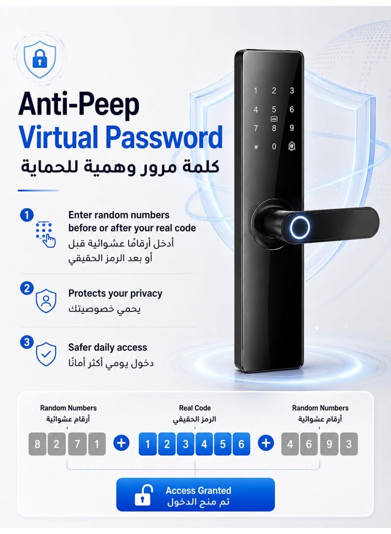 قفل باب ذكي بمفتاح 5050، 5 طرق فتح (تطبيق Tuya Wi-Fi، بصمة إصبع، رمز مرور، بطاقة، مفتاح)، سبائك ألومنيوم شديدة التحمل، أسود - Image 4