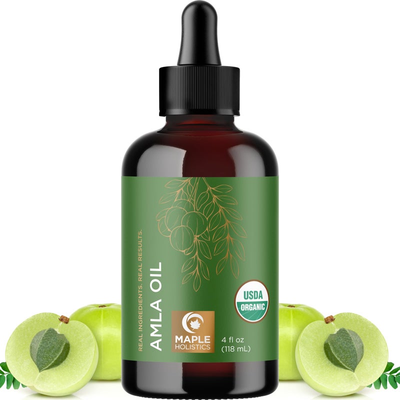 Maple Holistics Organic Amla Oil for Hair - 100% Pure Amla Hair Oil for Volume Shine & Hydration - Cold-Pressed Extra Virgin Unrefined Non-GMO & USDA Organic for Nourishing Moisturizing Scalp Care (4 Fl Oz) - Image 1