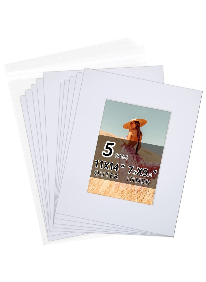 Falling In art Acid Free 5 Pack 11x14 PreCut Mat Board Show Kit for 8x10 Photos Prints or Artworks 5 Core Bevel Cut Matts and 5 Backing Boards and 5 Crystal Plastic Bags White 