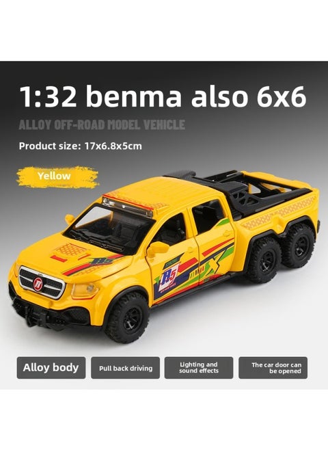 1:32 Ben 6*6 Off-road Vehicle 6-wheel Pickup Alloy Acousto-optic Force Simulation Car Model Children's Toy Car-Color:Yellow Bulk