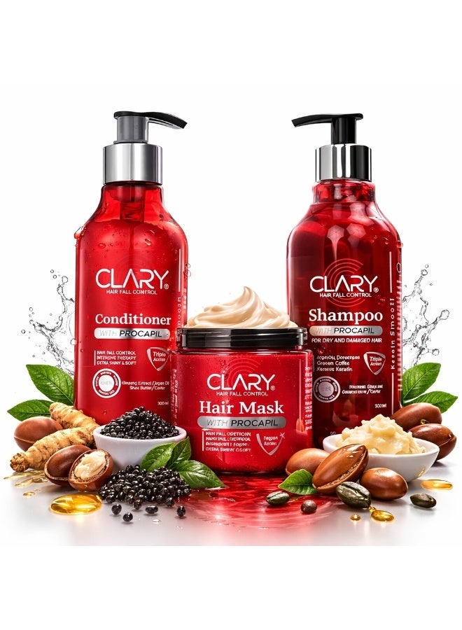 Clary Hair Fall Control Complete Care Set – Shampoo, Conditioner & Hair Mask 300ml - Image 1