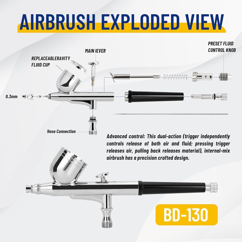 Fengda بخاخ هواء مزدوج العمل بروفيشنال تيمبرتيك BD-130 مع فوهات وإبر 0.3 مم لتزيين الكعك، الرسم، الوشم، فن النماذج، الحرف اليدوية وغيرها - Image 3