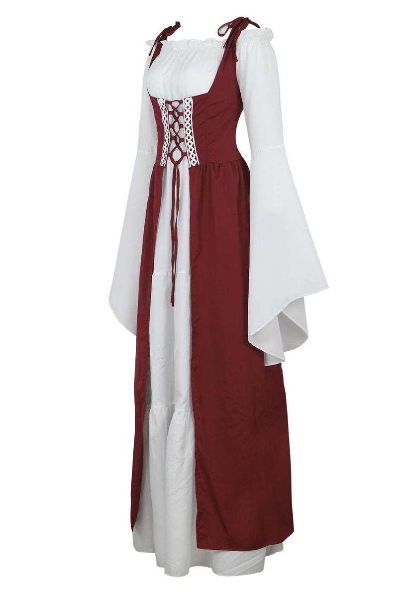 Kranchungel Renaissance Costume Women Dress: Flowy Long Sleeve Medieval Dress for Renaissance Faires & Medieval Festival Wine Red X-Large - Image 5