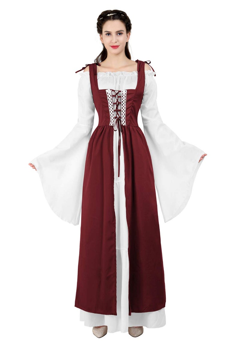 Kranchungel Renaissance Costume Women Dress: Flowy Long Sleeve Medieval Dress for Renaissance Faires & Medieval Festival Wine Red X-Large - Image 3