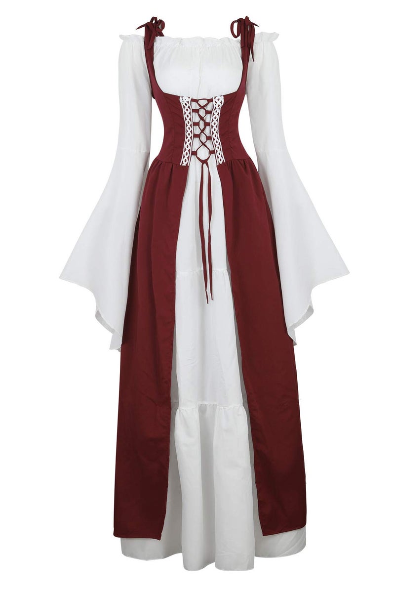 Kranchungel Renaissance Costume Women Dress: Flowy Long Sleeve Medieval Dress for Renaissance Faires & Medieval Festival Wine Red X-Large - Image 1