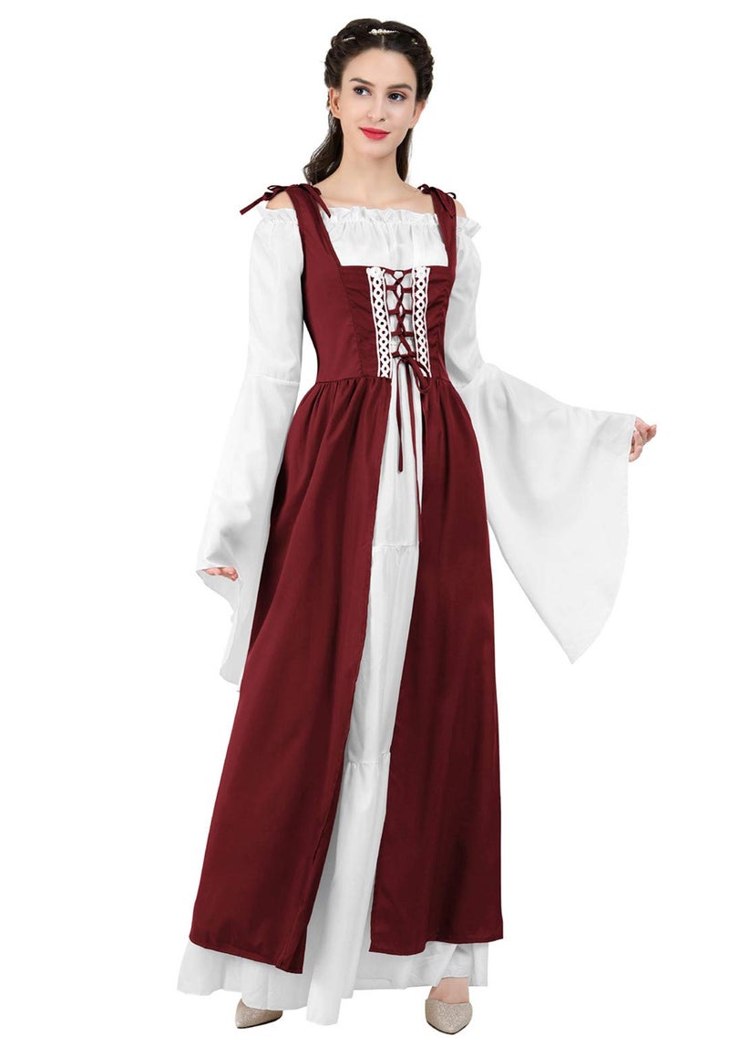 Kranchungel Renaissance Costume Women Dress: Flowy Long Sleeve Medieval Dress for Renaissance Faires & Medieval Festival Wine Red X-Large - Image 2