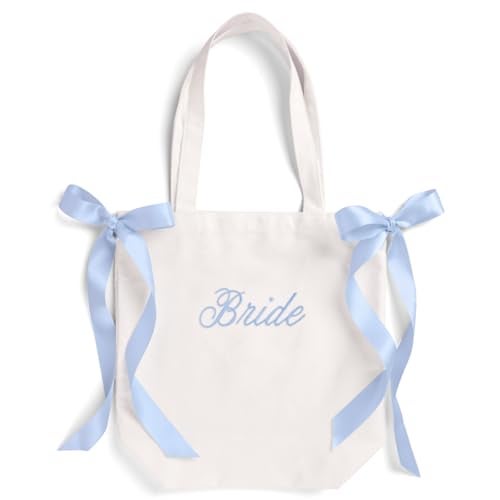 xo, Fetti xo Fetti White Bride Canvas Tote Bag Blue Satin Bows Bachelorette Party Decorations Bride To Be Purse Accessory Bridesmaid Gift Bridal Shower Supplies Engagement Party Favor - Image 1