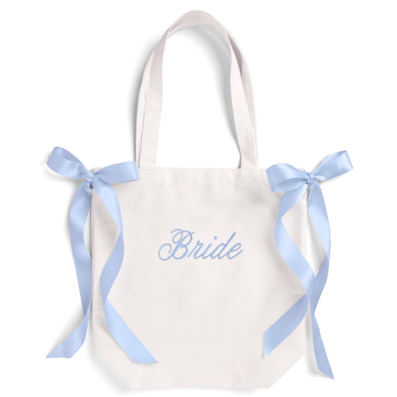 xo, Fetti xo Fetti White Bride Canvas Tote Bag Blue Satin Bows Bachelorette Party Decorations Bride To Be Purse Accessory Bridesmaid Gift Bridal Shower Supplies Engagement Party Favor - Image 2