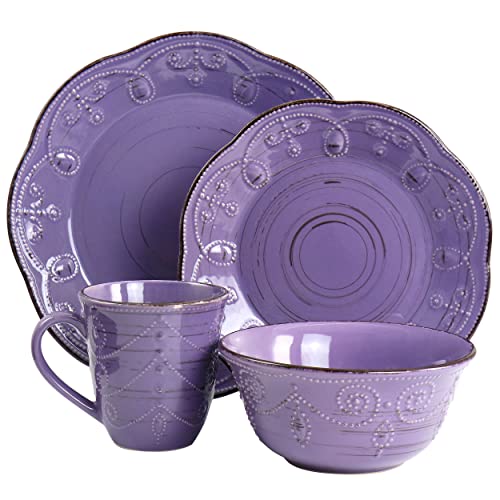 Elama Rustic Birch 16 Piece Stoneware Dinnerware Set in Purple, Purple with Brown Accents, (EL-RUSTICBIRCH) - Image 2