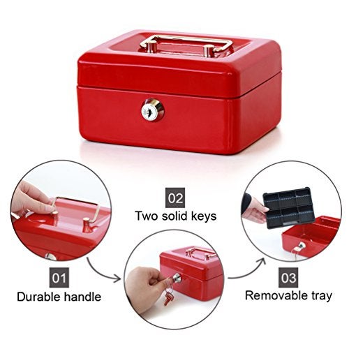 Decaller Small Cash Box with Key Lock, Decaller Portable Metal Money Box with Double Layer & 2 Keys for Security, Red, 6" x 4 4/5" x 3 1/5", QH1503XS - Image 4