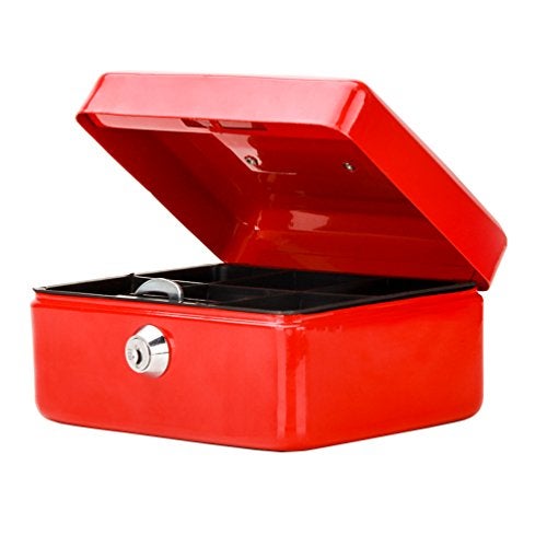 Decaller Small Cash Box with Key Lock, Decaller Portable Metal Money Box with Double Layer & 2 Keys for Security, Red, 6" x 4 4/5" x 3 1/5", QH1503XS - Image 1