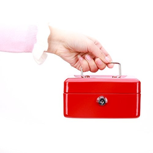 Decaller Small Cash Box with Key Lock, Decaller Portable Metal Money Box with Double Layer & 2 Keys for Security, Red, 6" x 4 4/5" x 3 1/5", QH1503XS - Image 5
