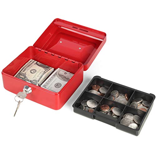 Decaller Small Cash Box with Key Lock, Decaller Portable Metal Money Box with Double Layer & 2 Keys for Security, Red, 6" x 4 4/5" x 3 1/5", QH1503XS - Image 2