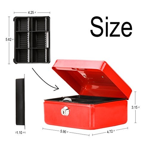 Decaller Small Cash Box with Key Lock, Decaller Portable Metal Money Box with Double Layer & 2 Keys for Security, Red, 6" x 4 4/5" x 3 1/5", QH1503XS - Image 3