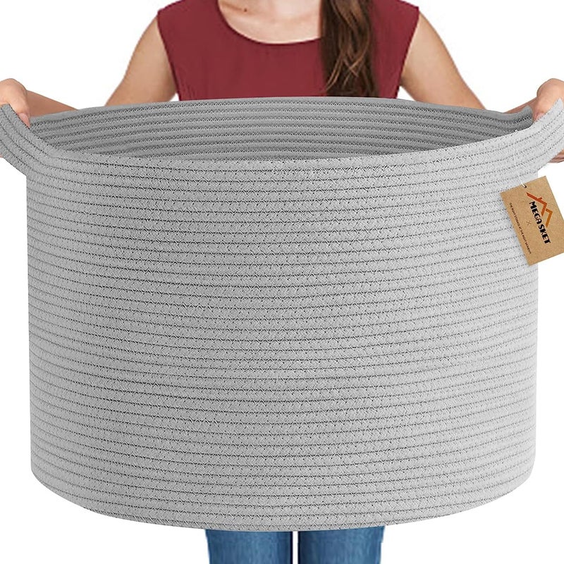 MEGASKET Extra Large Grey Storage Basket 22 X 22 X 14 XXXL Blanket Basket for Living Room Gray Wicker Woven Cotton Rope Baskets for Storage Kids Toy Baskets Bins Decorative Pillow Towel Basket