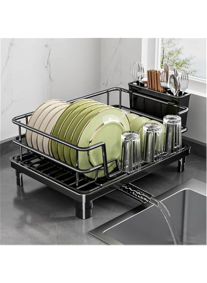 بيوينتي رف تجفيف اطباق المطبخ مع لوح تصريف، 29 × 42 سم، اطار ستيل اسود، حامل ادوات وفوهة دوارة - Image 1