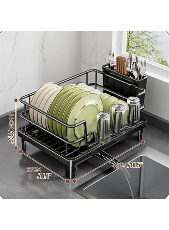 بيوينتي رف تجفيف اطباق المطبخ مع لوح تصريف، 29 × 42 سم، اطار ستيل اسود، حامل ادوات وفوهة دوارة - Image 2