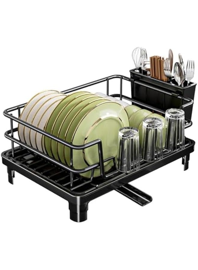 بيوينتي رف تجفيف اطباق المطبخ مع لوح تصريف، 29 × 42 سم، اطار ستيل اسود، حامل ادوات وفوهة دوارة - Image 3
