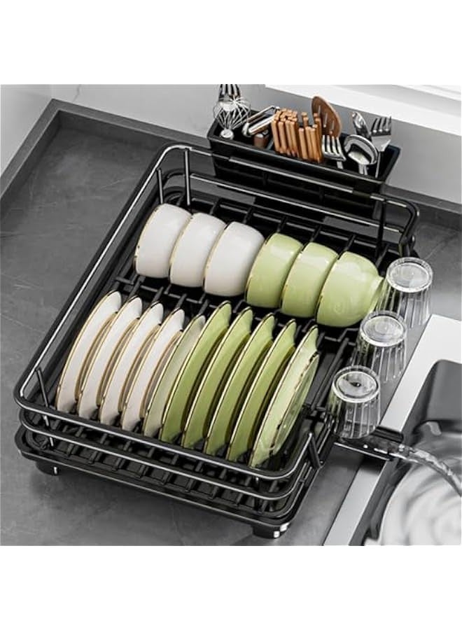 بيوينتي رف تجفيف اطباق المطبخ مع لوح تصريف، 29 × 42 سم، اطار ستيل اسود، حامل ادوات وفوهة دوارة - Image 4
