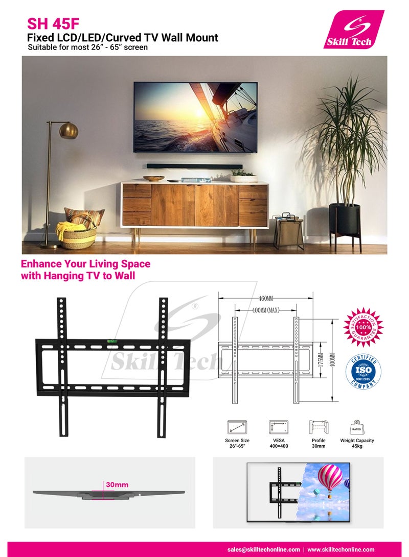 Skill Tech SH 45F Fixed TV Wall Mount Bracket for 26-70 Inch LED/LCD Screens, VESA 400x400, Slim 30mm Profile, Max Load 30kg – Economic Series, Black - Image 3