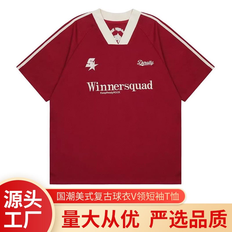 Hiphop National Fashion American Retro Jersey V-Neck Short-Sleeved T-Shirt Men'S And Women'S Oversize Hip-Hop Loose Top - Image 2
