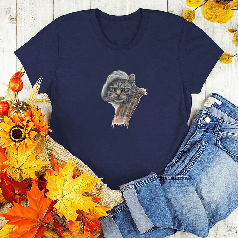 temu new forces supply spot cat head retro round neck T-shirt - Image 1