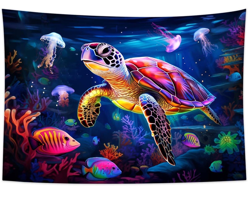 QGHOT Blacklight Turtle Tapestry Glow in the Dark Ocean Tapestry Wall Hanging Black Light Sea Turtle Poster for Kids Teen Room Bedroom Decor 37x29in - Image 3