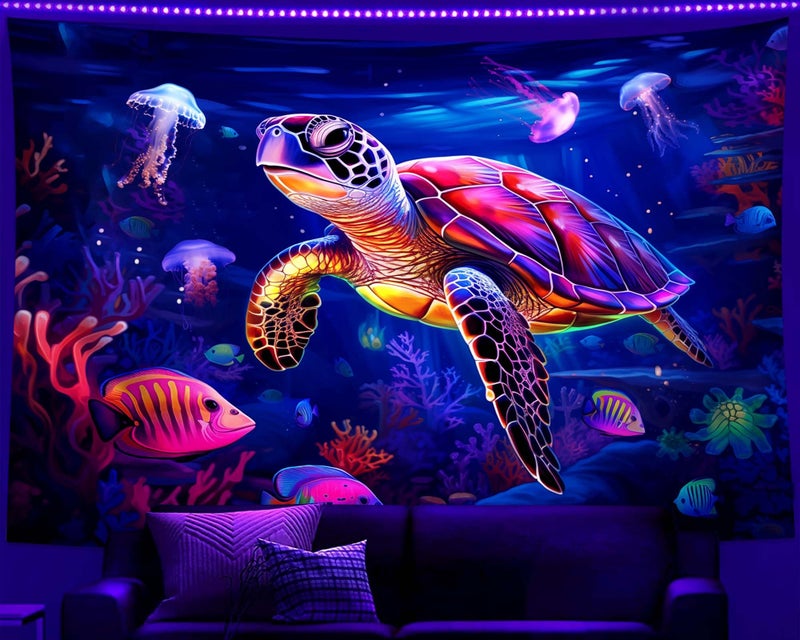 QGHOT Blacklight Turtle Tapestry Glow in the Dark Ocean Tapestry Wall Hanging Black Light Sea Turtle Poster for Kids Teen Room Bedroom Decor 37x29in - Image 1
