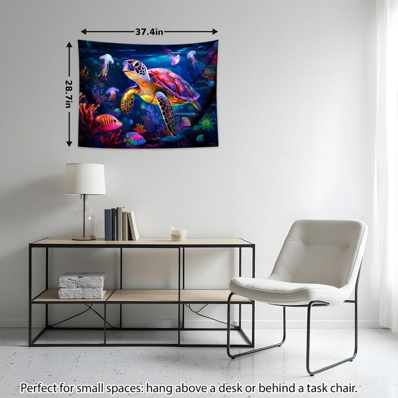 QGHOT Blacklight Turtle Tapestry Glow in the Dark Ocean Tapestry Wall Hanging Black Light Sea Turtle Poster for Kids Teen Room Bedroom Decor 37x29in - Image 2