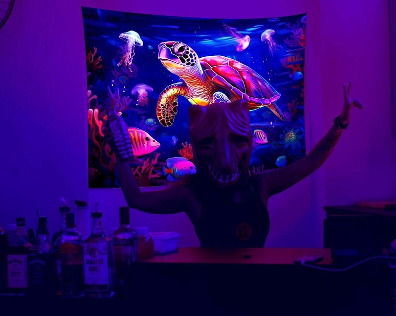 QGHOT Blacklight Turtle Tapestry Glow in the Dark Ocean Tapestry Wall Hanging Black Light Sea Turtle Poster for Kids Teen Room Bedroom Decor 37x29in - Image 4