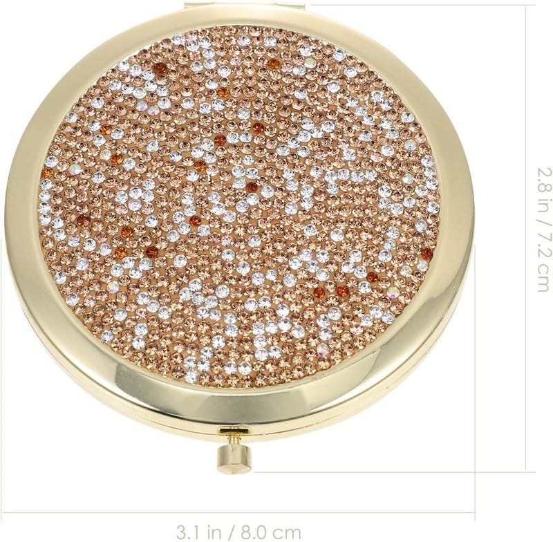 Portable Pocket Mirror with Crystal Embedded Double-Sided Folding Metal Frame, Coffee and Gold Compact Makeup Mirror for Women’s Travel and Purse Use - Image 2