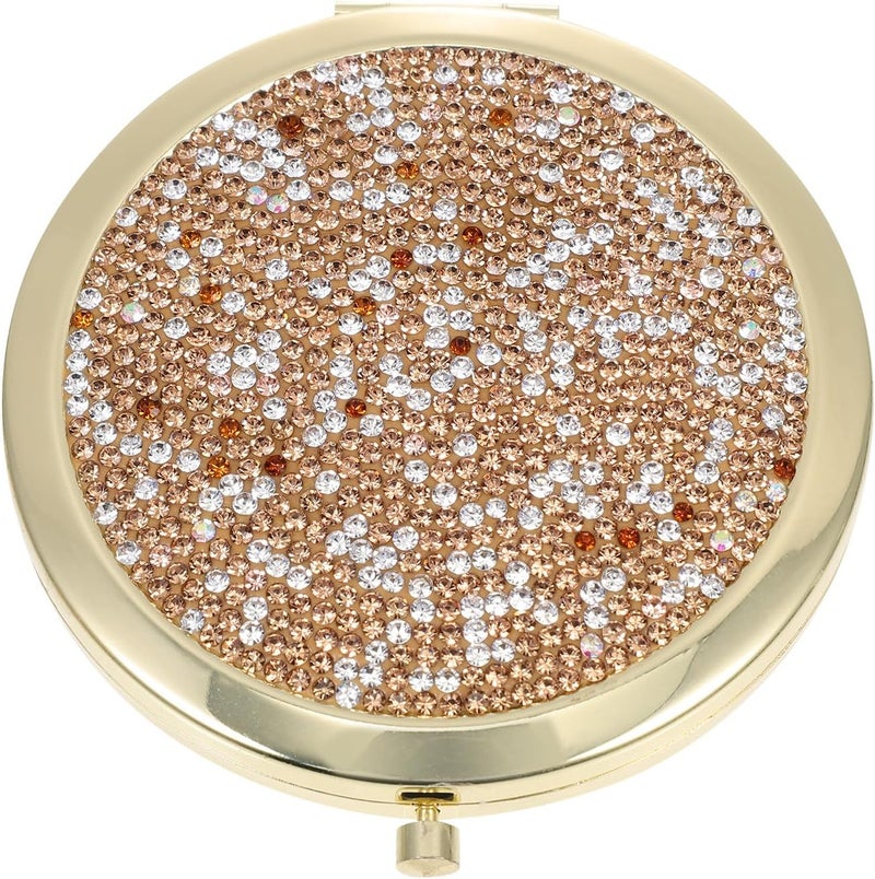 Portable Pocket Mirror with Crystal Embedded Double-Sided Folding Metal Frame, Coffee and Gold Compact Makeup Mirror for Women’s Travel and Purse Use - Image 1