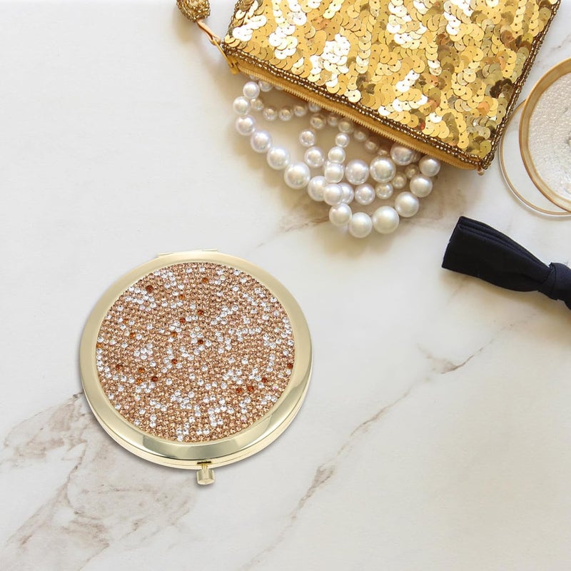 Portable Pocket Mirror with Crystal Embedded Double-Sided Folding Metal Frame, Coffee and Gold Compact Makeup Mirror for Women’s Travel and Purse Use - Image 4