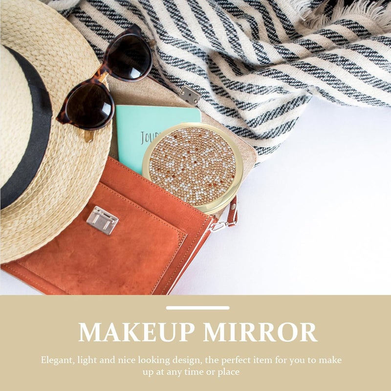Portable Pocket Mirror with Crystal Embedded Double-Sided Folding Metal Frame, Coffee and Gold Compact Makeup Mirror for Women’s Travel and Purse Use - Image 5