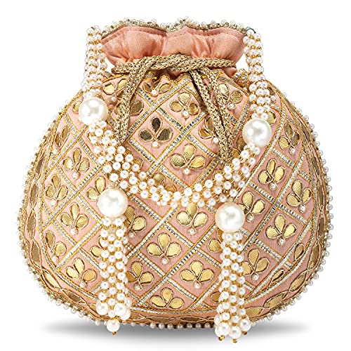 Peora Potli Bags for Women Evening Bag Clutch Ethnic Bride Purse with Drawstring (P09PCH) (Peach) - Image 1