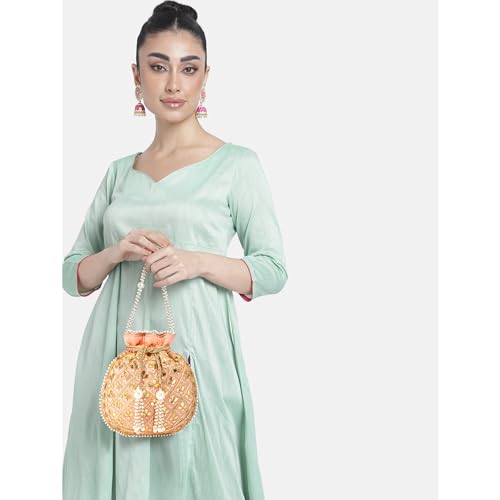 Peora Potli Bags for Women Evening Bag Clutch Ethnic Bride Purse with Drawstring (P09PCH) (Peach) - Image 5