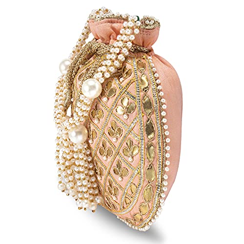 Peora Potli Bags for Women Evening Bag Clutch Ethnic Bride Purse with Drawstring (P09PCH) (Peach) - Image 4