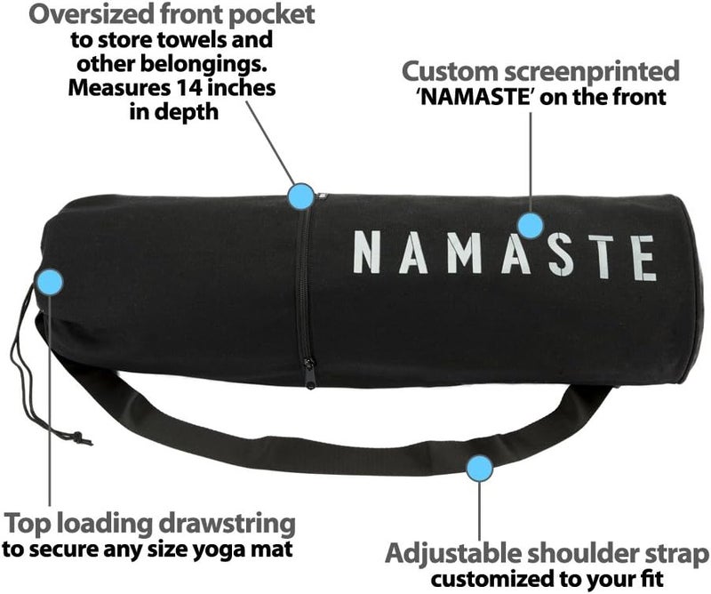 MASAYA Namaste Large Yoga Mat Bag - Fits Exercise Mats, Drawstring Carrier for Men Women, Long Breathable Canvas Sling, Deep Front Pocket Zipper, Secret Storage, Adjustable Shoulder Strap - Image 2