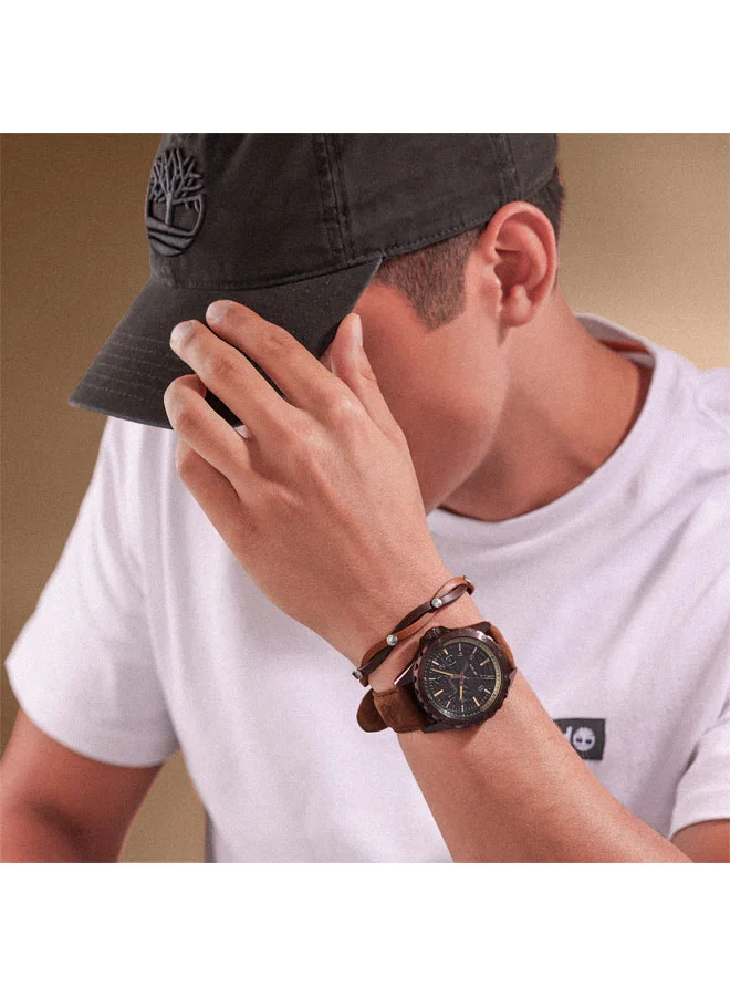 تمبرلاند Men's ساعة داي بوند للرجال مينا سوداء بسوار جلد بني 45 مم
