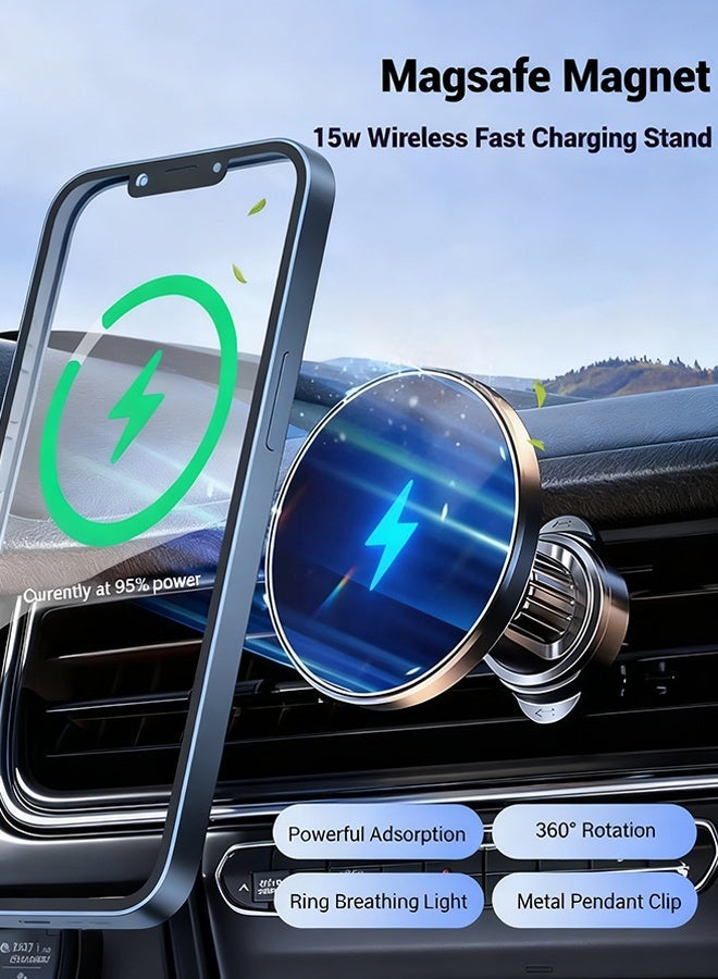 REMAX 15W Magnetic Wireless Car Charger Mount for iPhone 15/14/13/12 Series, Strong Magnetic Phone Holder with 360° Adjustable Aluminum Arm, Compatible with MagSafe, Universal for All Vehicles - Image 1