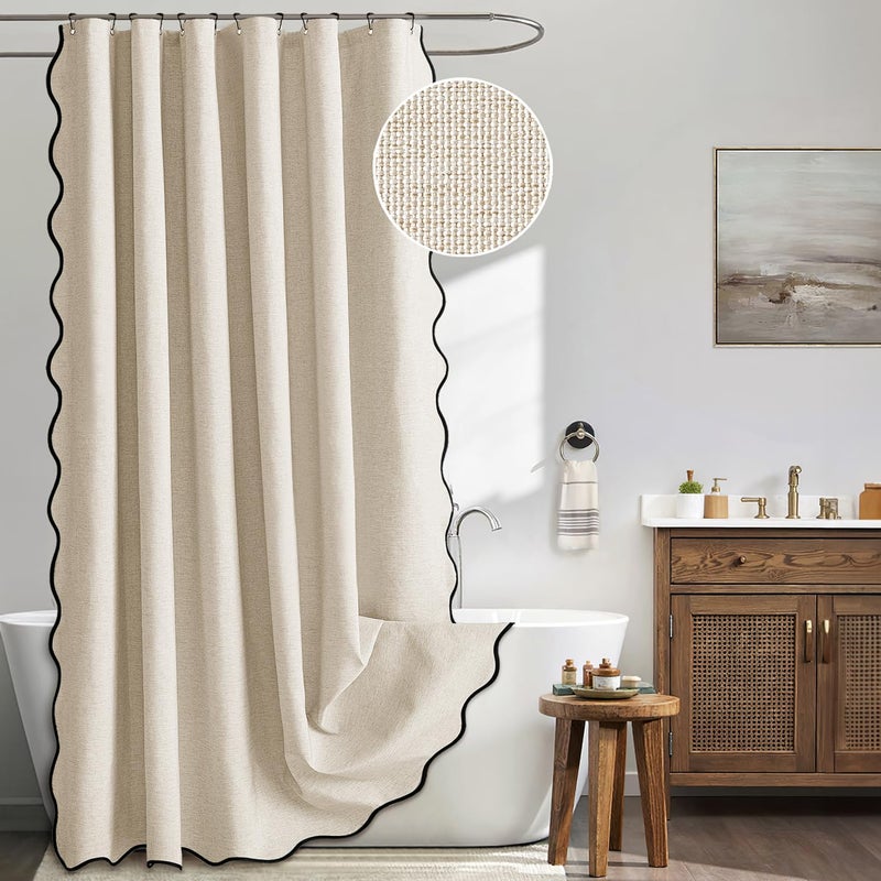 MIULEE Beige Scalloped Shower Curtain Linen Textured with 12 Metal Hooks Cute Heavy Duty Washable Waterproof Neutral Thick Cloth Shower Curtains with Black Border for Bathroom Bathtub,W72*L72 Cream - Image 1