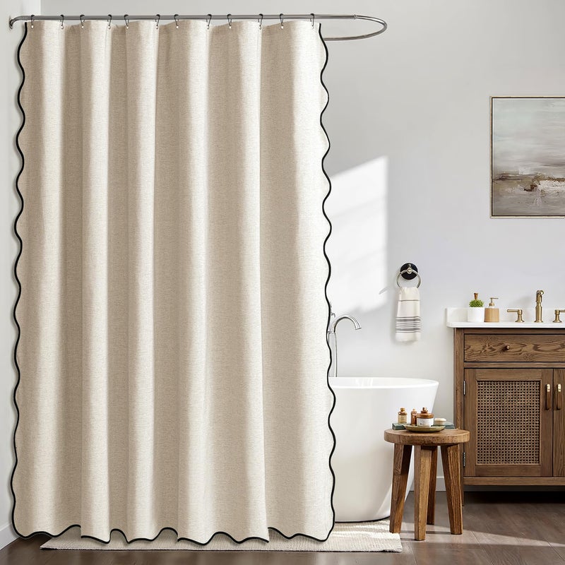 MIULEE Beige Scalloped Shower Curtain Linen Textured with 12 Metal Hooks Cute Heavy Duty Washable Waterproof Neutral Thick Cloth Shower Curtains with Black Border for Bathroom Bathtub,W72*L72 Cream - Image 2