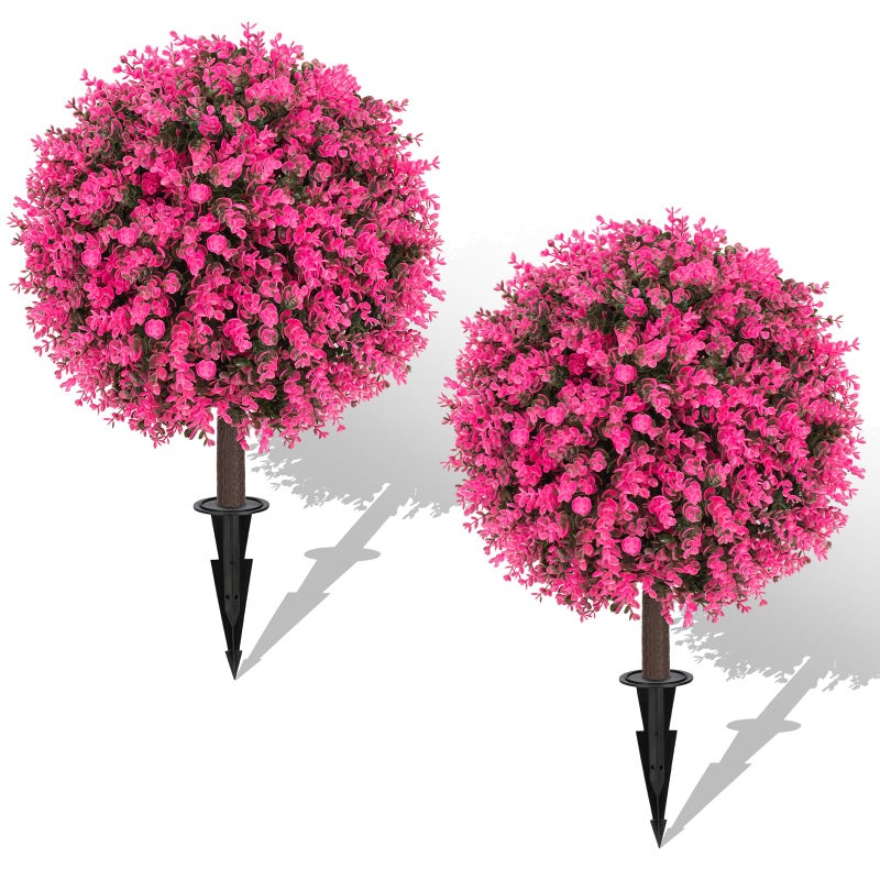 AOKIIE Set of 2 Artificial Pink Boxwood Topiary Ball Bush for Outdoor with Ground Spike 22", UV Resistant Faux Greenery Shrubs, Fake Pink&Green Boxwood Plants for Garden, Yard, Porch, Patio Decor - Image 1